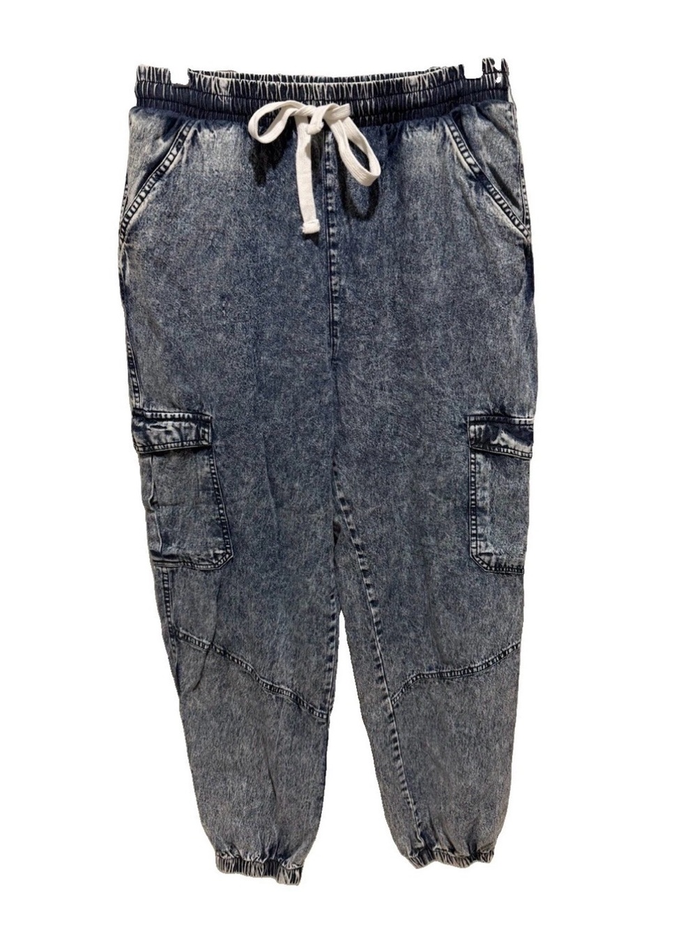 C'EST TOI Denim Cargo Joggers Size M Acid Wash Drawstring Pockets Mom Jeans Wide